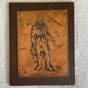 Vintage Copper Art of a Statesman on a Wood Wall Plaque.  Sketch/Hammered Work